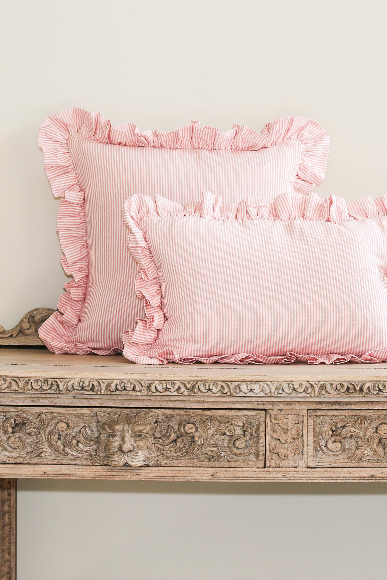STRIPED RUFFLE CUSHION IN ROSE - SQUARE AND OBLONG