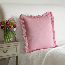 Load image into Gallery viewer, STRIPED RUFFLE CUSHION IN RASPBERRY - SQUARE
