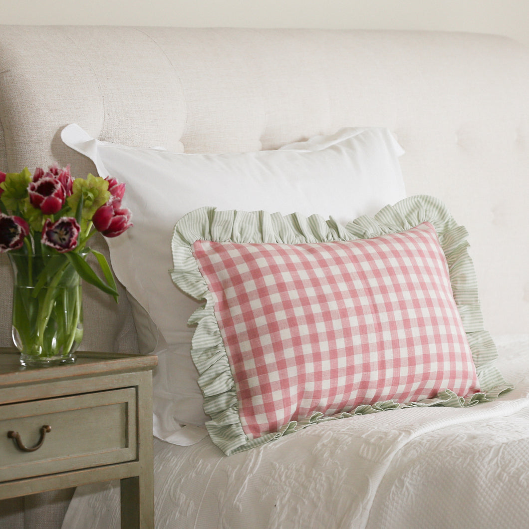 KIT CUSHION IN ROSE WITH SAGE TICKING RUFFLE - OBLONG