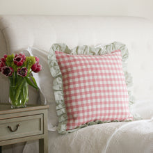 Load image into Gallery viewer, KIT CUSHION IN ROSE WITH SAGE TICKING RUFFLE - SQUARE
