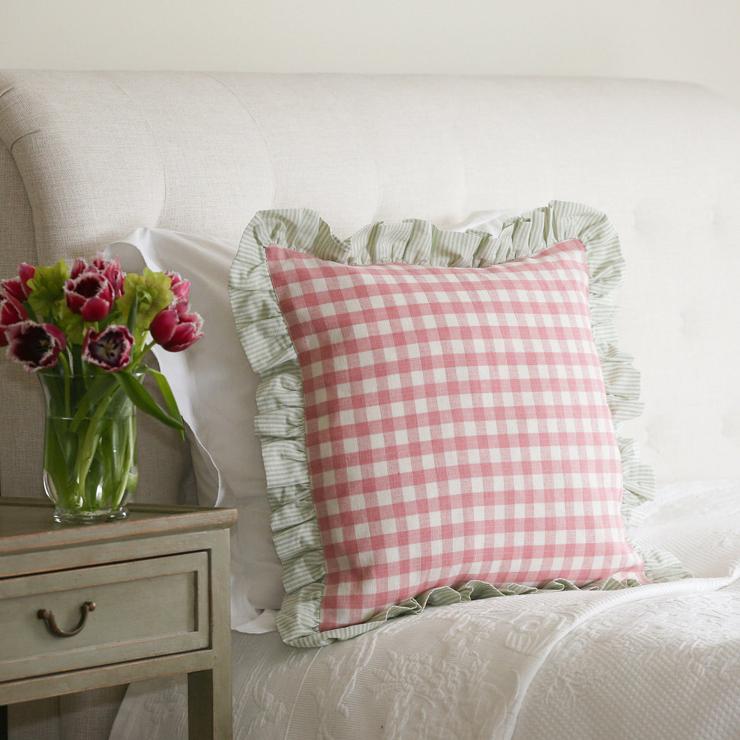 KIT CUSHION IN ROSE WITH SAGE TICKING RUFFLE - SQUARE