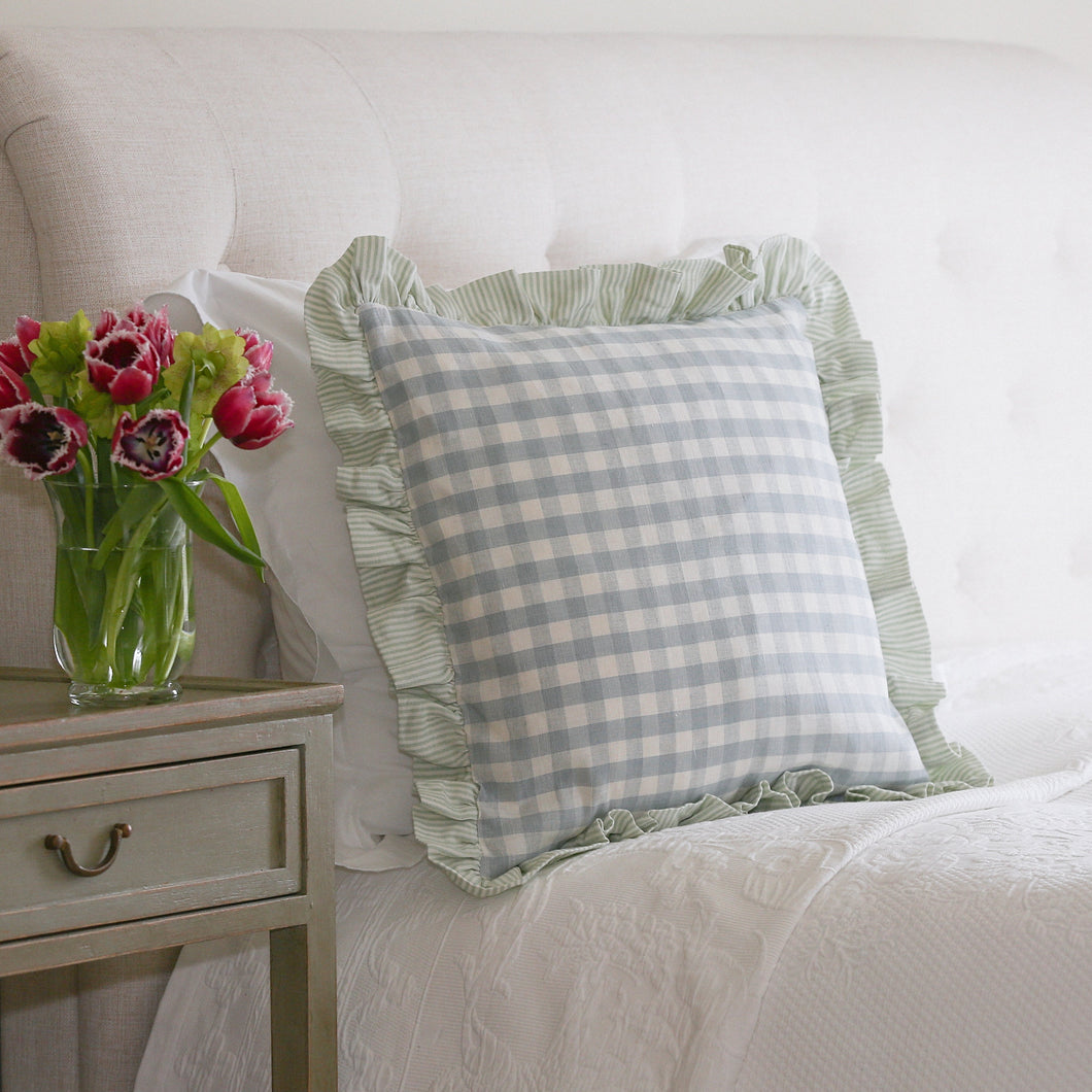 KIT CUSHION IN BLUE WITH SAGE TICKING RUFFLE - SQUARE