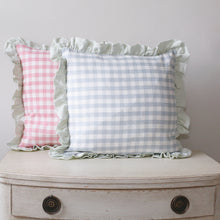 Load image into Gallery viewer, KIT CUSHION IN BLUE WITH SAGE TICKING RUFFLE - SQUARE
