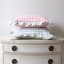 Load image into Gallery viewer, KIT CUSHION IN ROSE WITH SAGE TICKING RUFFLE - SQUARE
