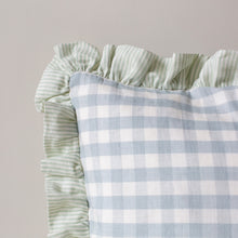 Load image into Gallery viewer, KIT CUSHION IN BLUE WITH SAGE TICKING RUFFLE - OBLONG
