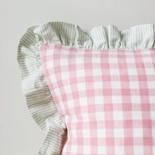 Load image into Gallery viewer, KIT CUSHION IN ROSE WITH SAGE TICKING RUFFLE - OBLONG
