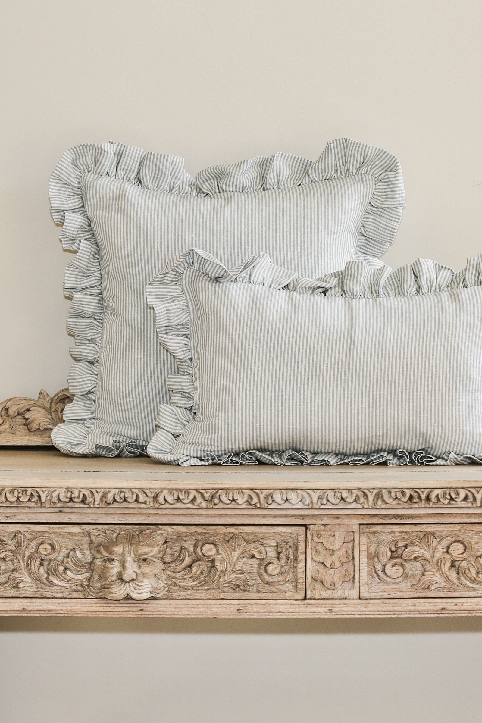 STRIPED RUFFLE CUSHION IN BLUEBELL - SQUARE AND OBLONG