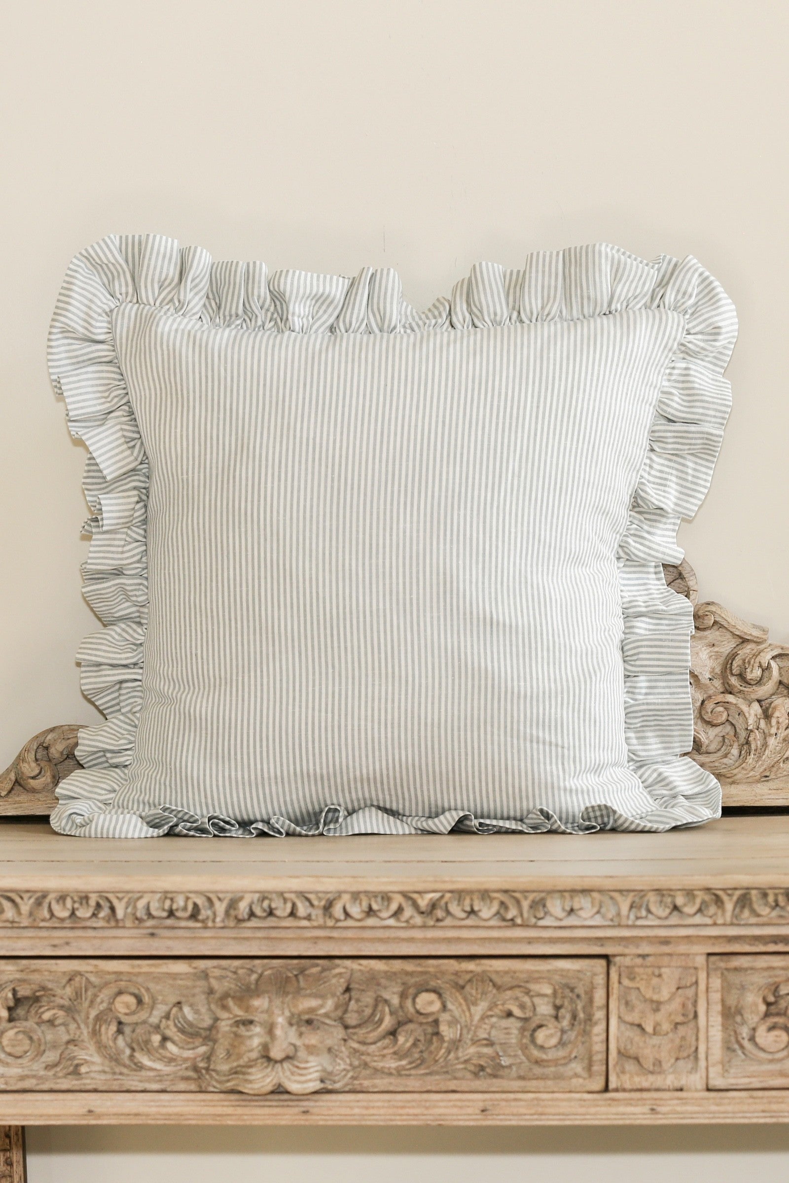 STRIPED RUFFLE CUSHION IN BLUEBELL - SQUARE AND OBLONG