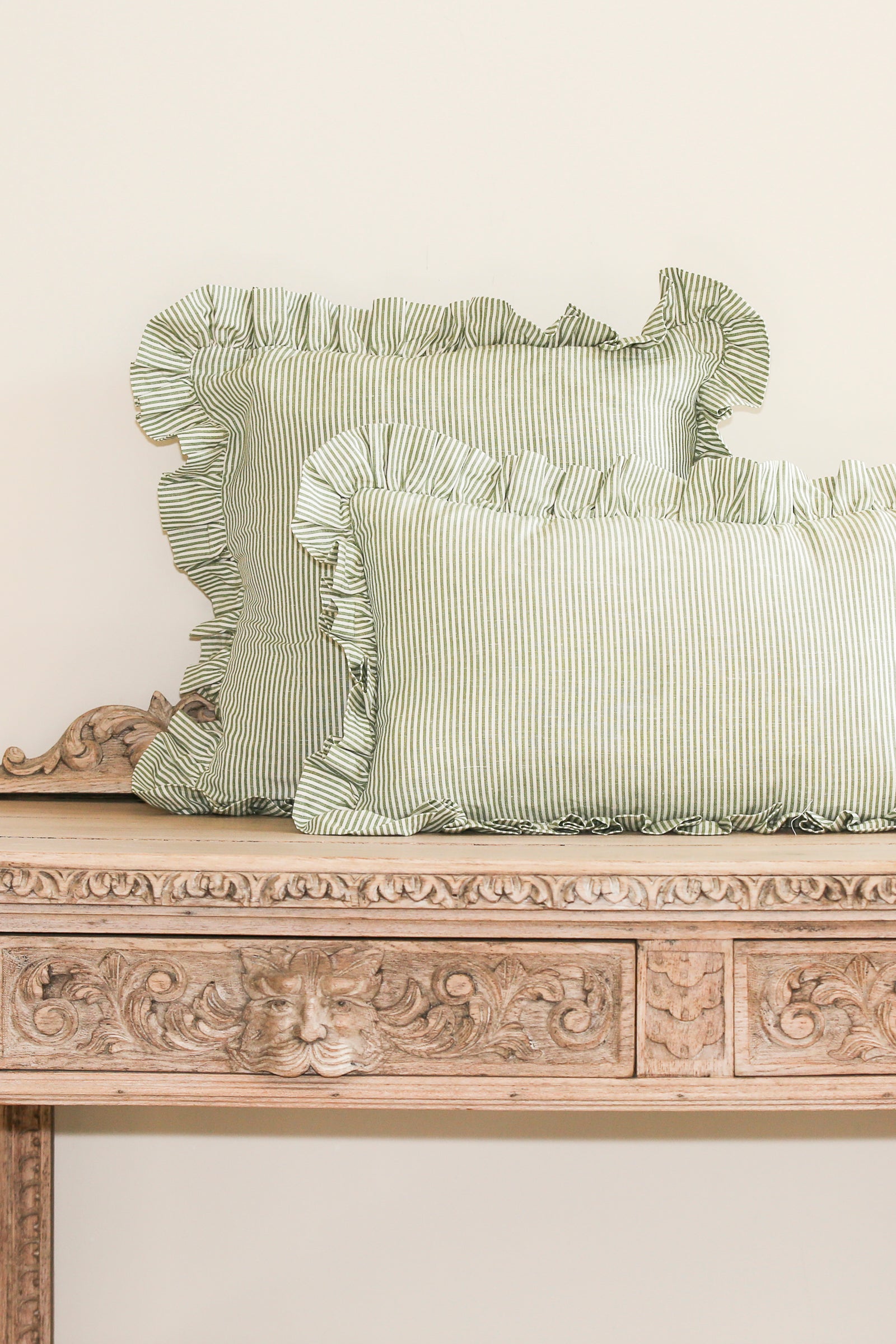 STRIPED RUFFLE CUSHION IN MOSS - SQUARE AND OBLONG