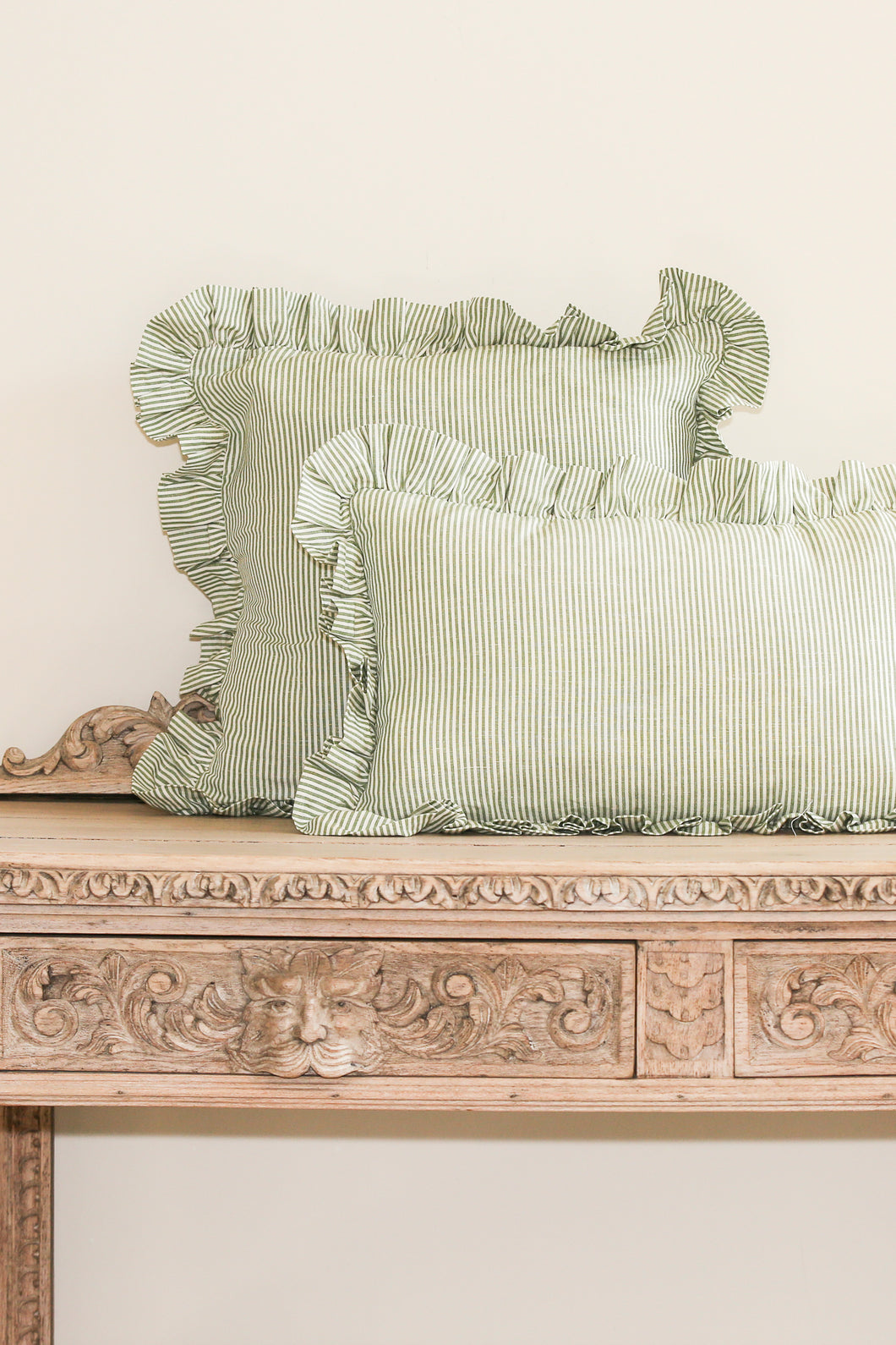 STRIPED RUFFLE CUSHION IN MOSS - SQUARE AND OBLONG