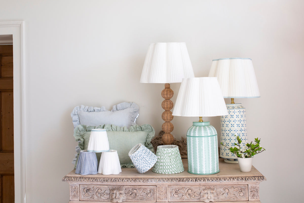 Patton House - linen block printed lampshades, lamps, cushions