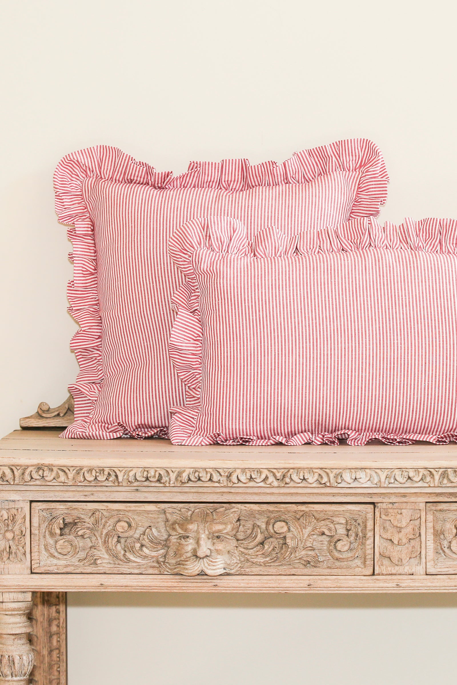 STRIPED RUFFLE CUSHION IN RASPBERRY - SQUARE AND OBLONG