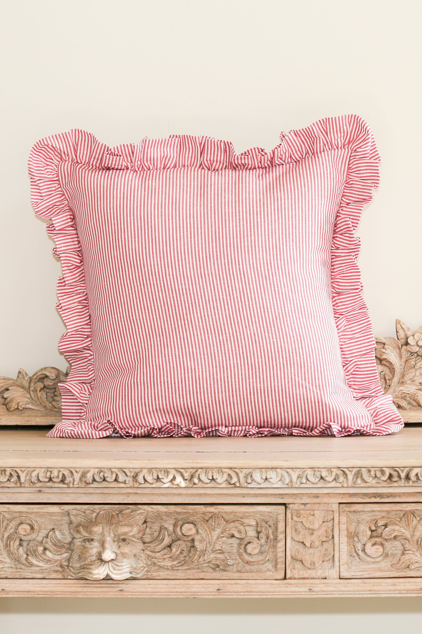 STRIPED RUFFLE CUSHION IN RASPBERRY - SQUARE AND OBLONG