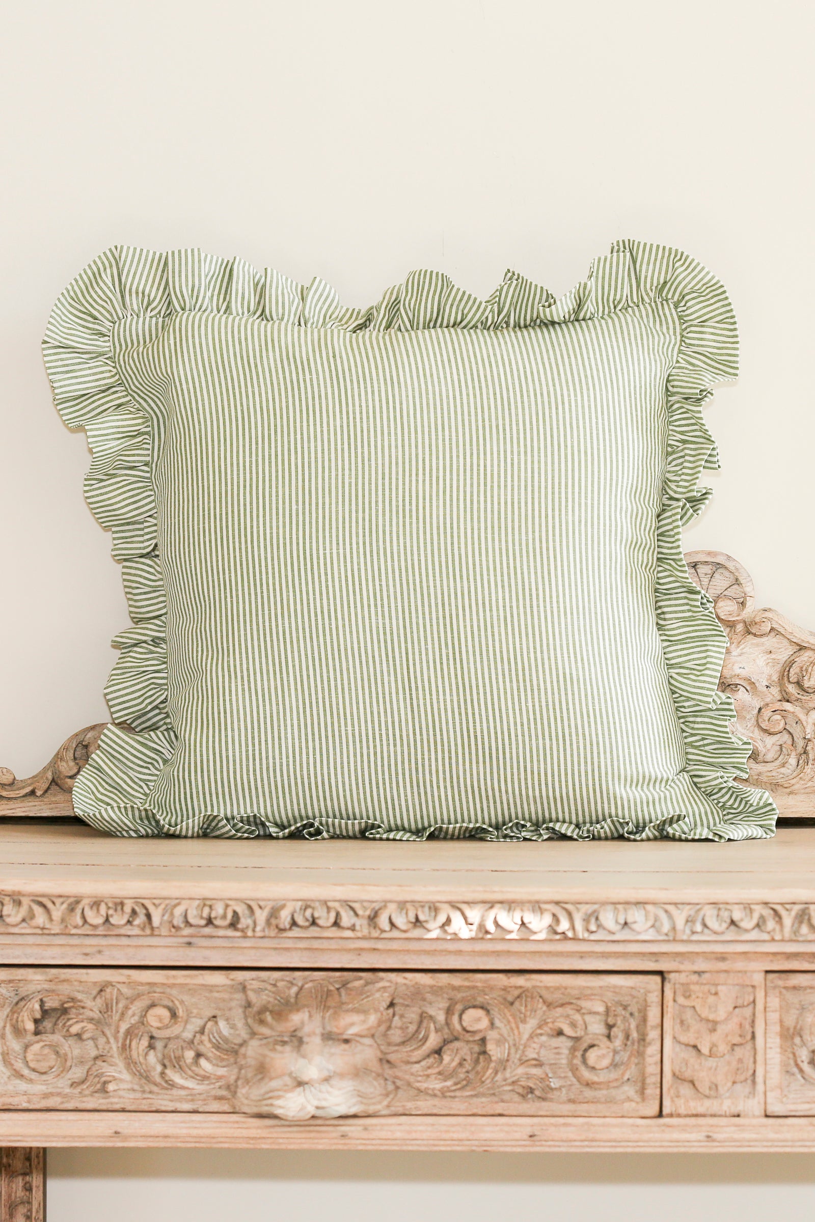 STRIPED RUFFLE CUSHION IN MOSS - SQUARE AND OBLONG