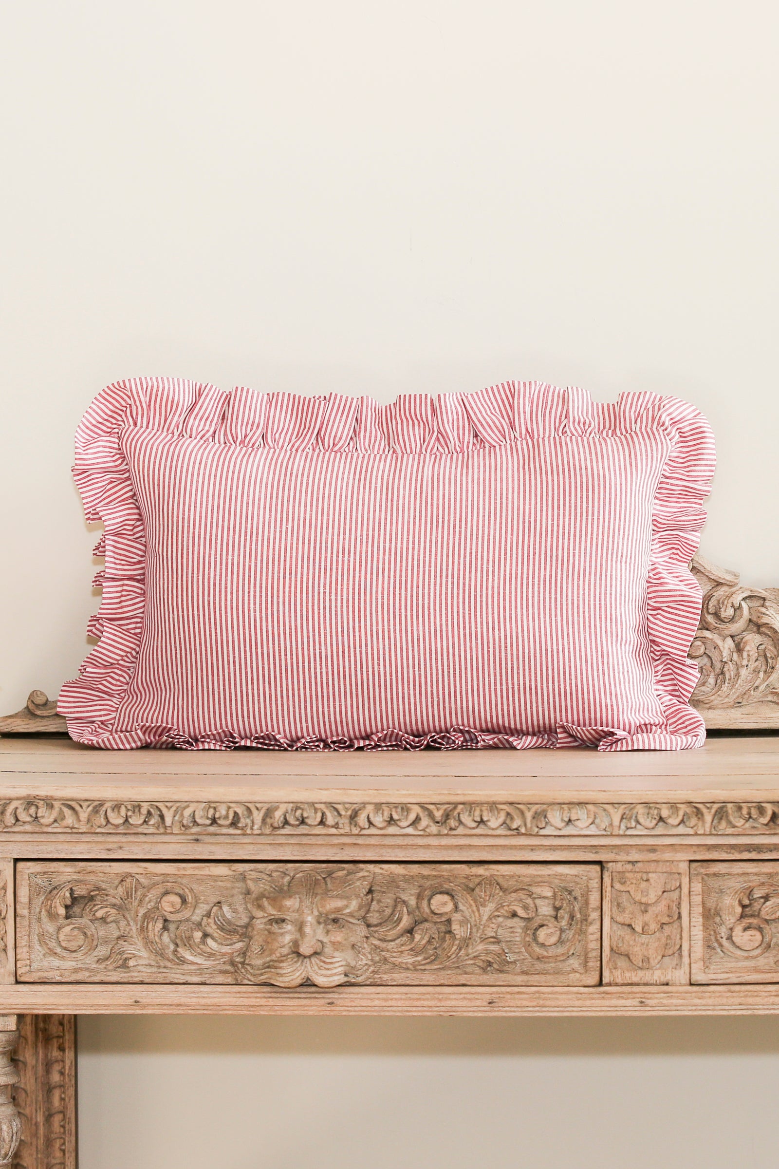 STRIPED RUFFLE CUSHION IN RASPBERRY - SQUARE AND OBLONG