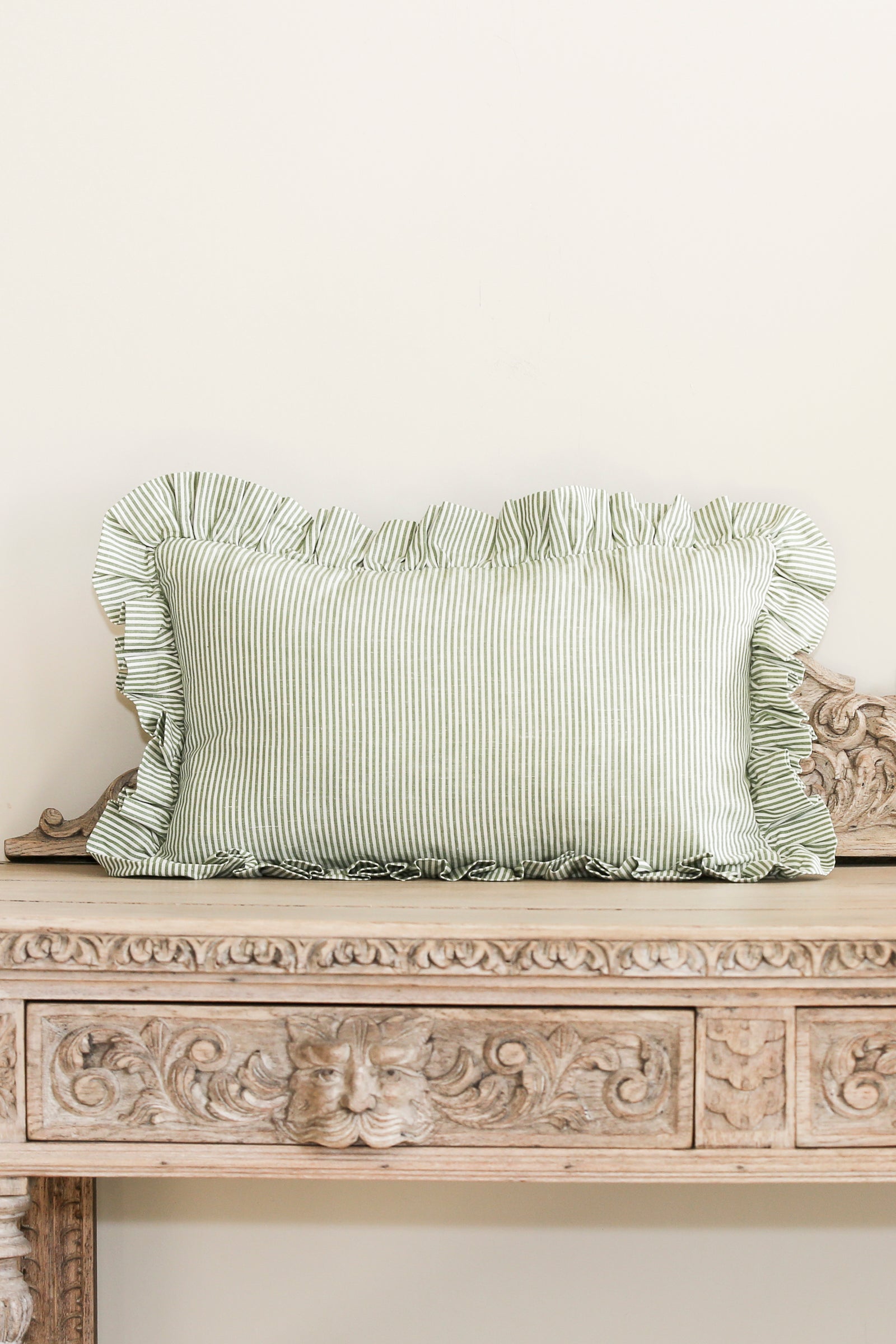 STRIPED RUFFLE CUSHION IN MOSS - SQUARE AND OBLONG