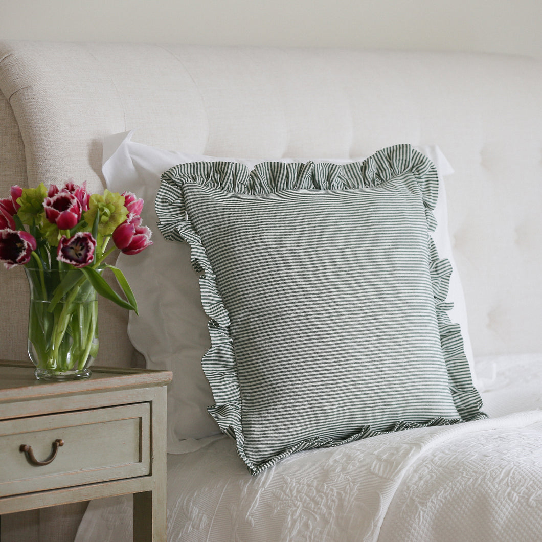 STRIPED RUFFLE CUSHION IN IVY - SQUARE