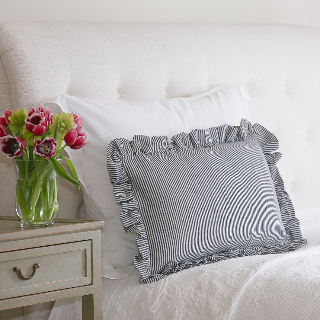 STRIPED RUFFLE CUSHION IN DENIM - OBLONG