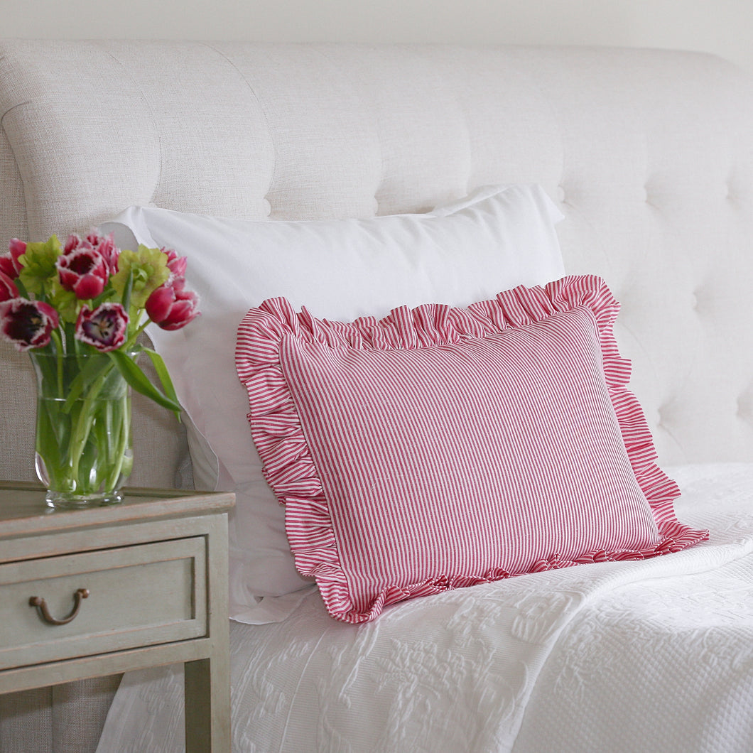 STRIPED RUFFLE CUSHION IN RASPBERRY - OBLONG