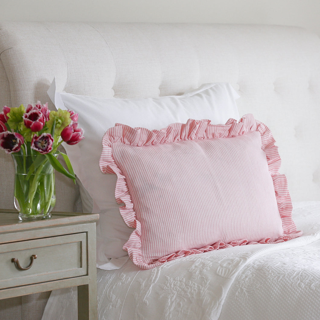 STRIPED RUFFLE CUSHION IN ROSE - OBLONG