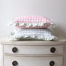 Load image into Gallery viewer, KIT CUSHION IN ROSE WITH SAGE TICKING RUFFLE - OBLONG
